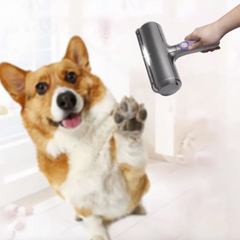 Corgi reaching a paw toward a pet hair roller held in a hand