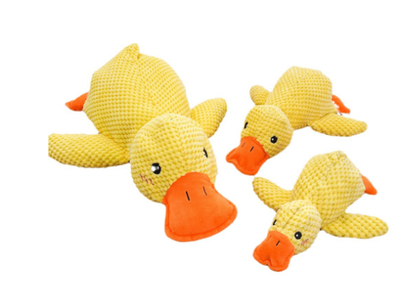 Three yellow plush duck dog toys shown side by side in small, medium, and large