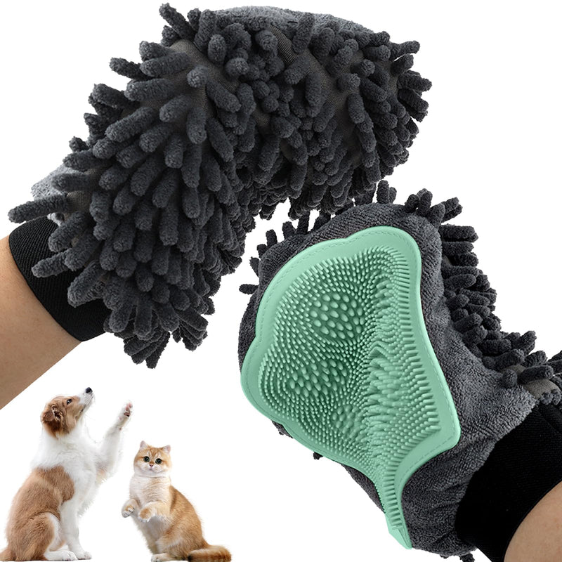 Grey microfiber pet grooming mitt with a green silicone brush side, shown with a dog and cat