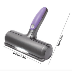Side view of a grey pet hair roller with a purple grip measuring 18.5cm/7.3in wide and 20cm/7.9 in long