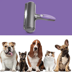 Grey and purple pet hair roller above bulldogs, cats, and a basset hound